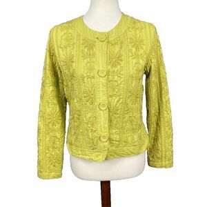 Chicos Jacket Women 0 Small 4 Yellow Green Embroidered 100% Cotton Pockets Lined